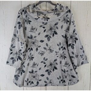 Croft Barrow Size XL Gray Black Floral Cowl‎ Neck 3/4 Sleeve Womens Top